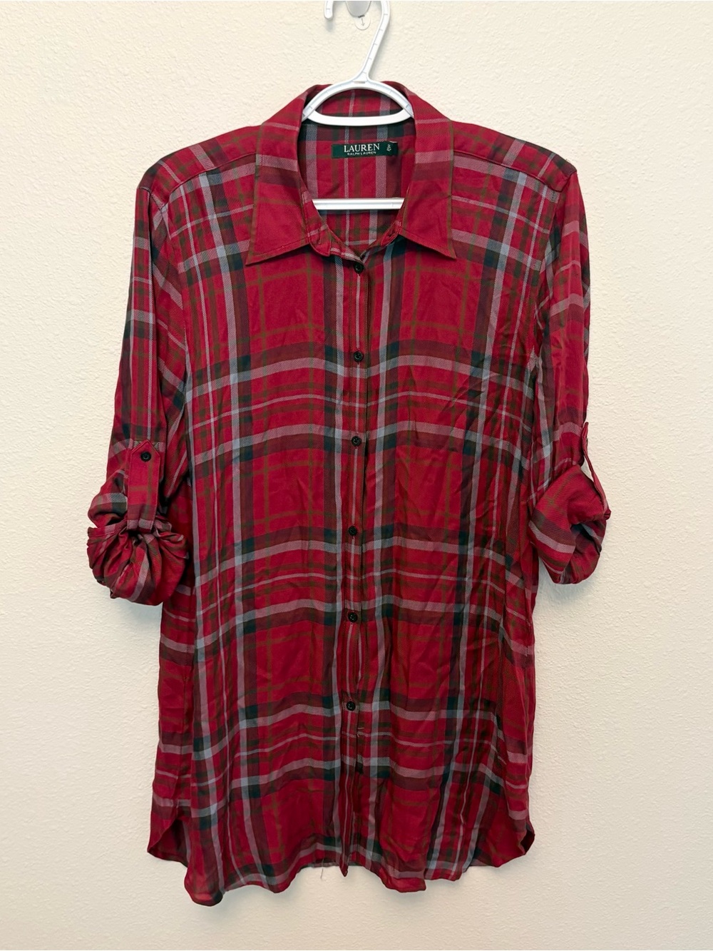 Lauren Ralph Lauren Shirt Dress Womens Size M Red Plaid Roll Tab Sleeve Flannel